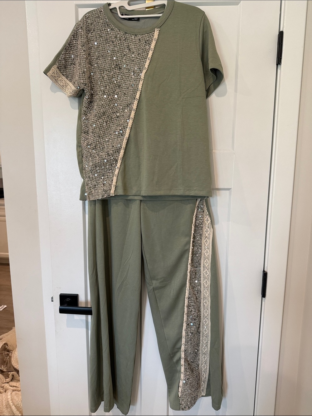 Olive Wide-Leg two piece set with Sequin Paneling